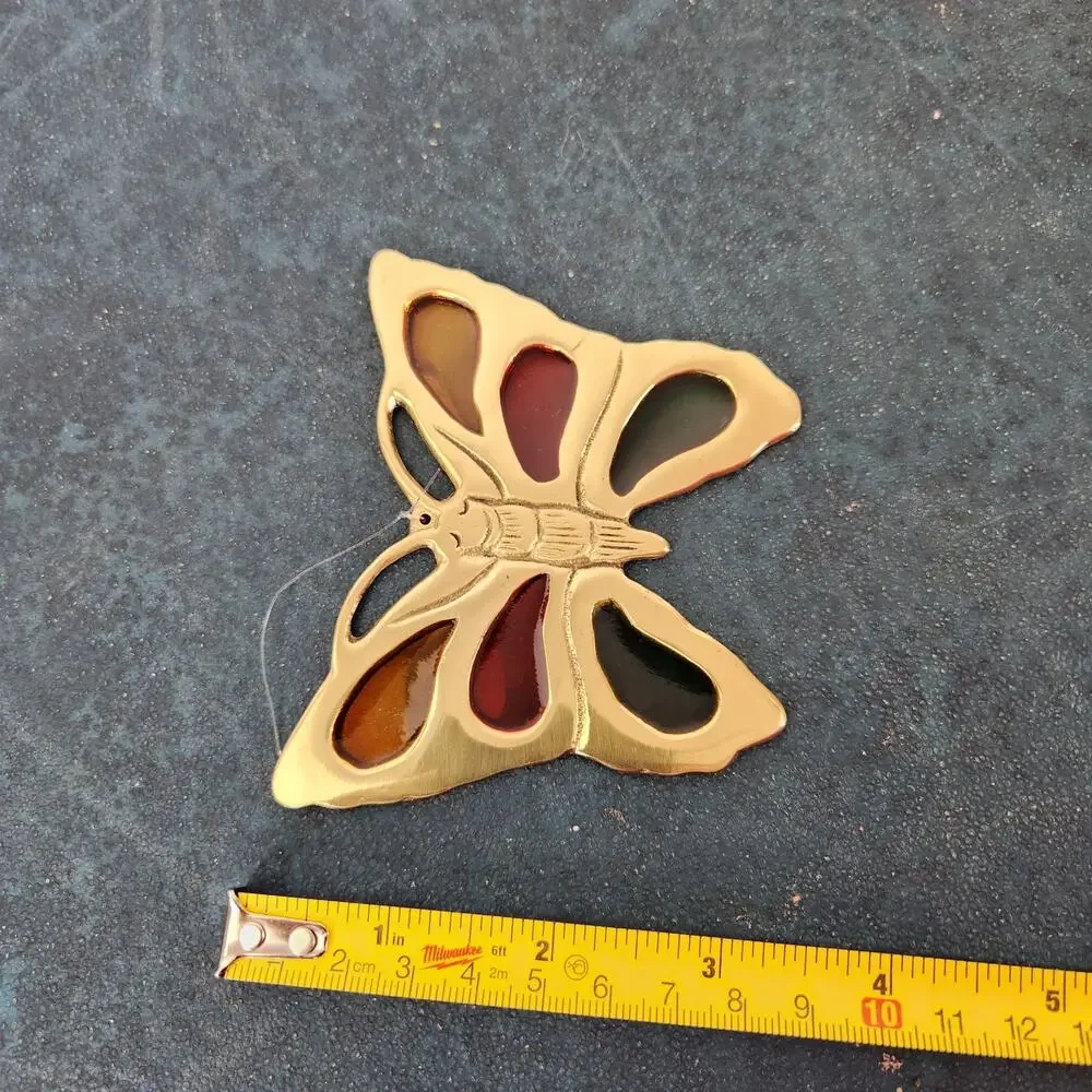 Vintage Brass & Glass Butterfly Suncatcher Hanging Decor Collectible